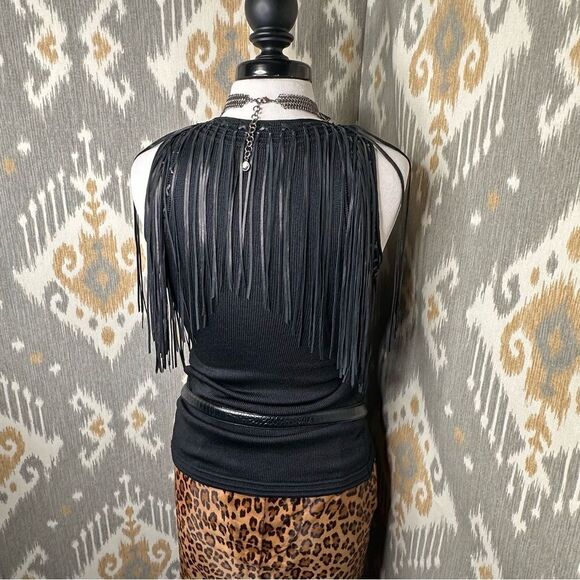 Ralph Lauren Black Label Jet Black Leather Fringe Tank Top - Picture 12 of 16